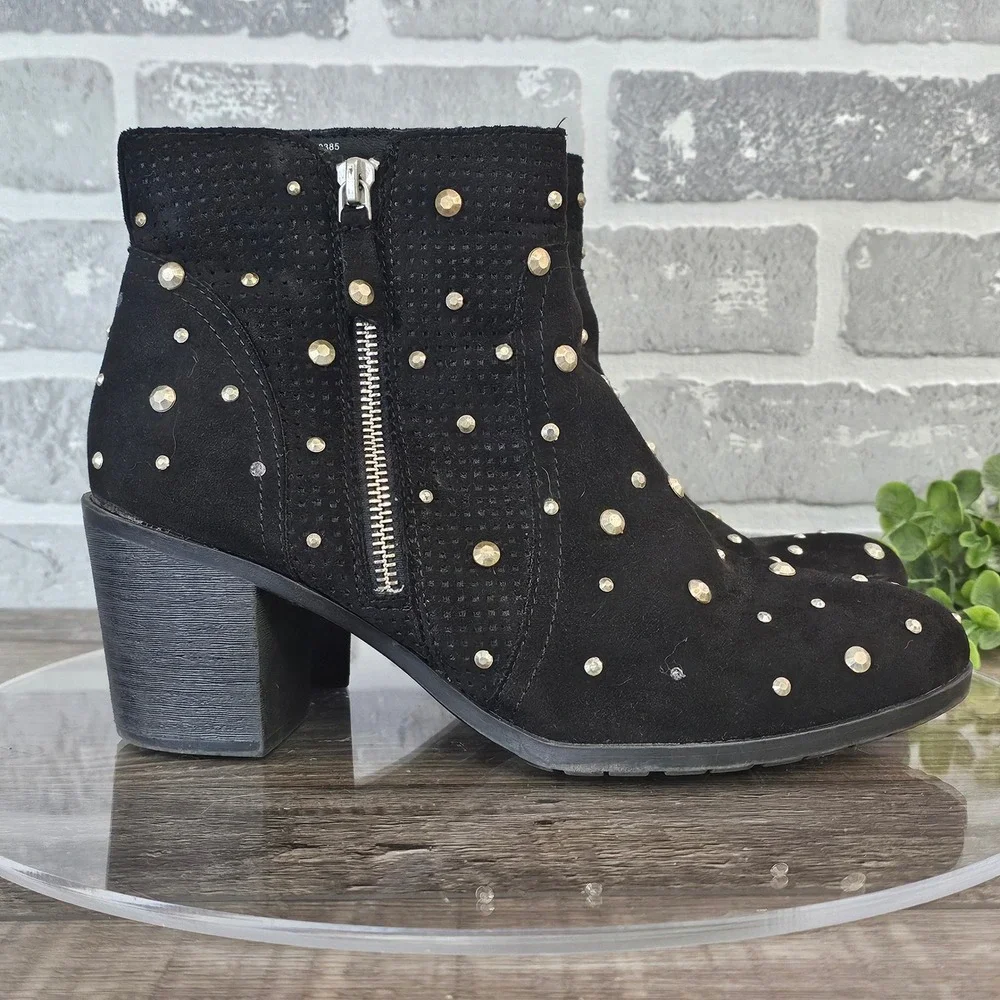 Arizona Jean‎ Co Studded Ankle Boots Block Heel Side Zip Black Women's Size 9.5